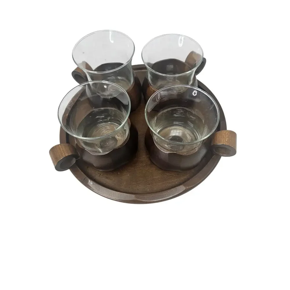 Mid Century Brienzer Holzschnitzerei Swiss Wood Glass Teak Tray 4 Mug Set Coffee